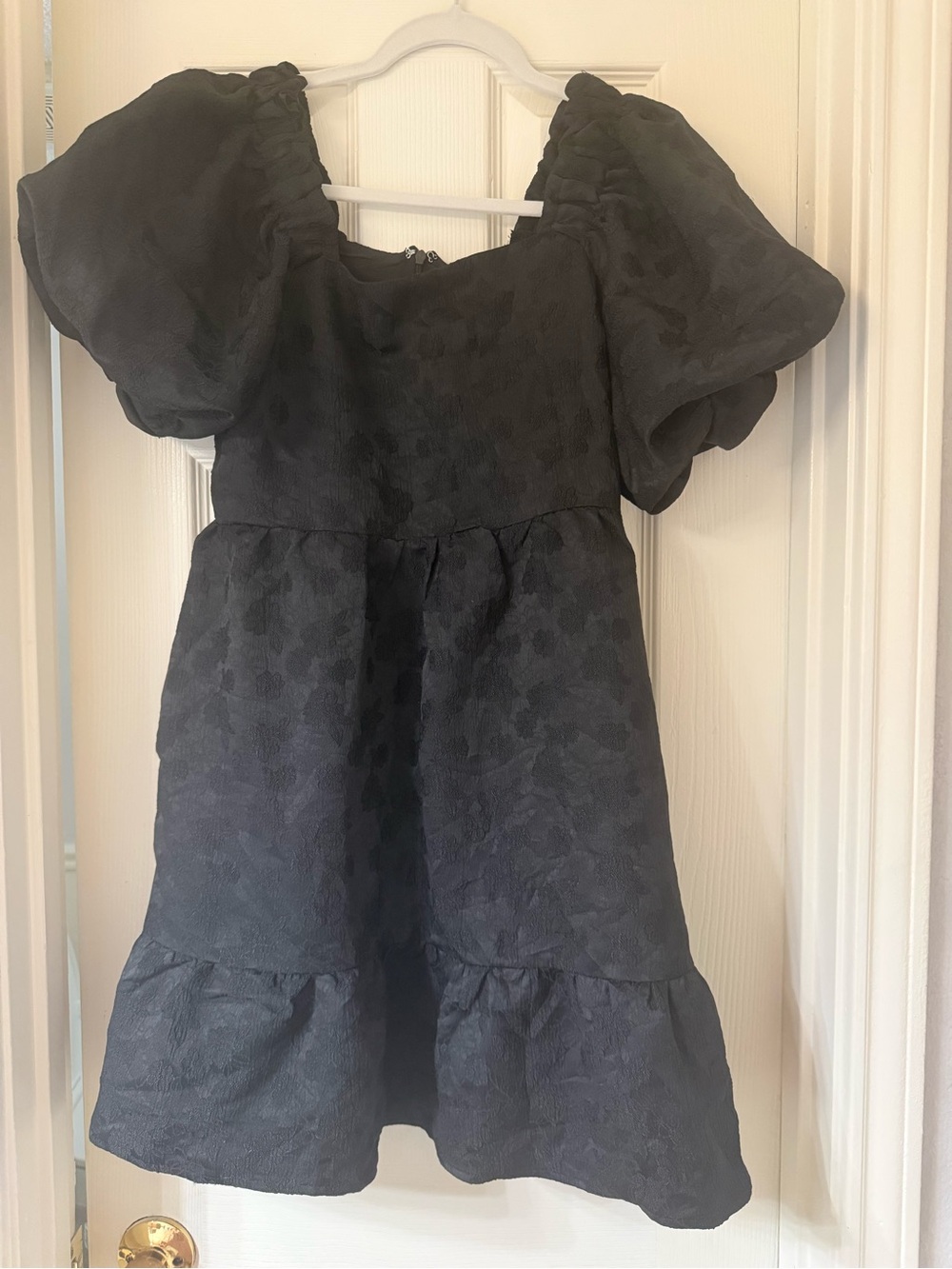 Black Puff Sleeve Mini Dress with Textured Floral Jacquard
